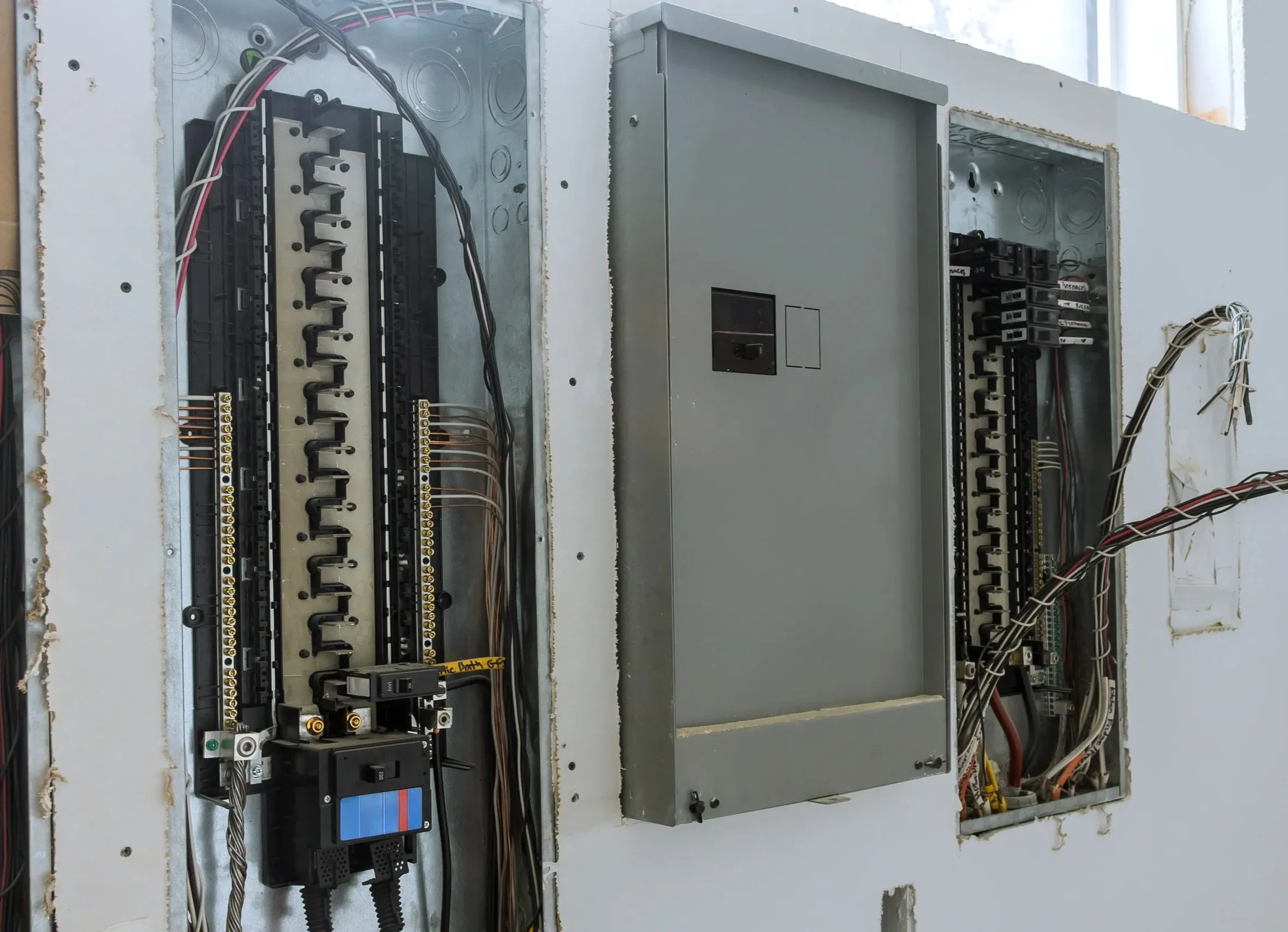 Electrician's new panel installation with neatly organized breakers