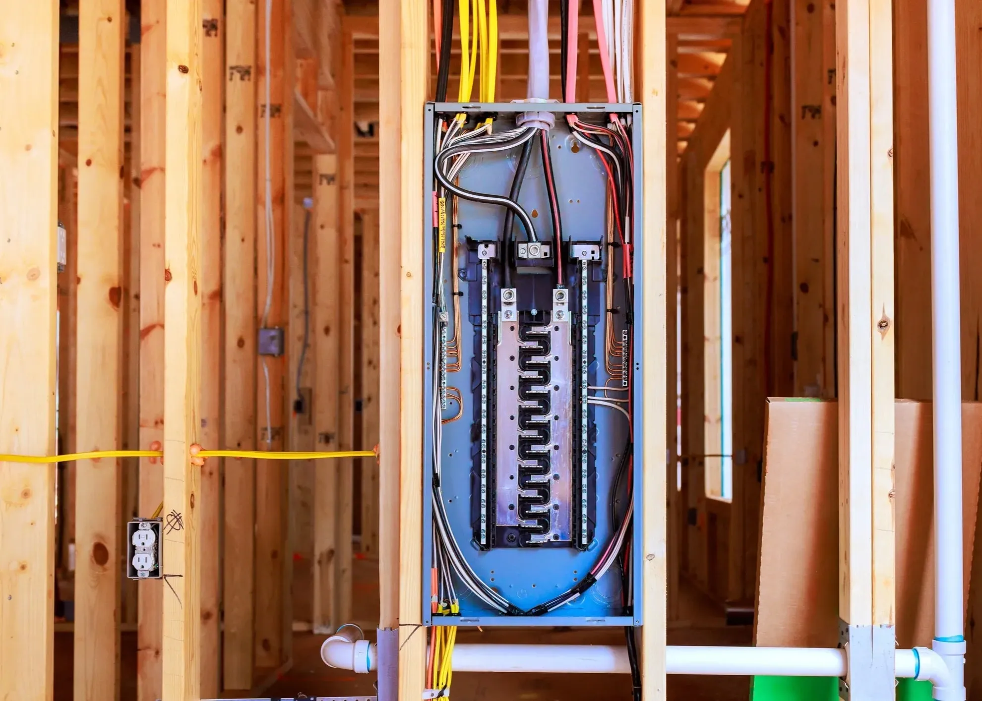 New electrical panel and wiring installed in open wall framing