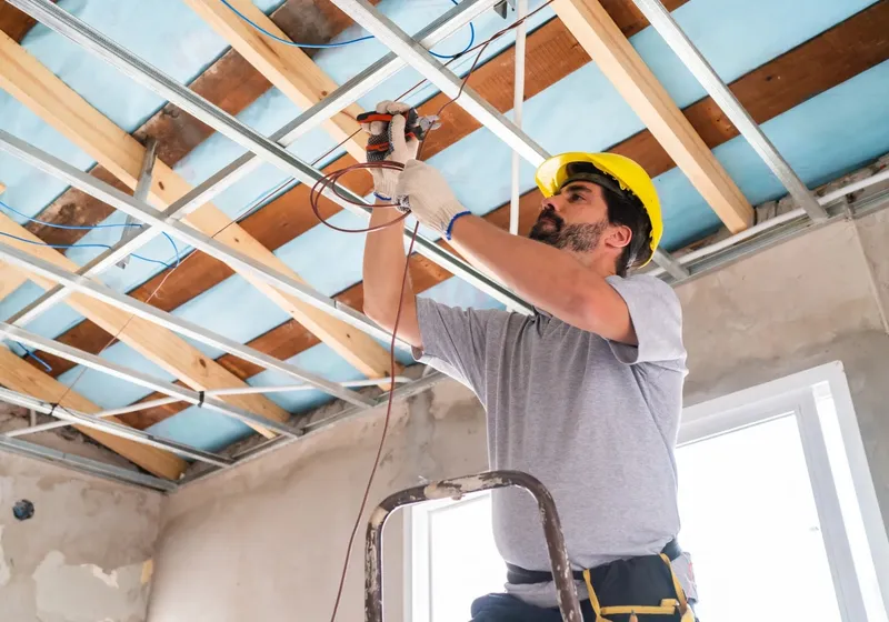 Electrician running new cable through an open ceiling during a rewire