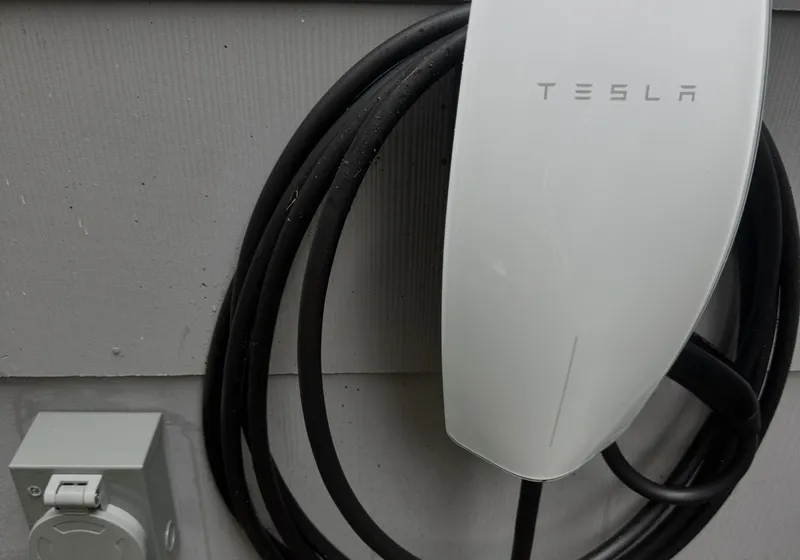 Tesla Wall Connector mounted on the siding of a home next to an outdoor outlet